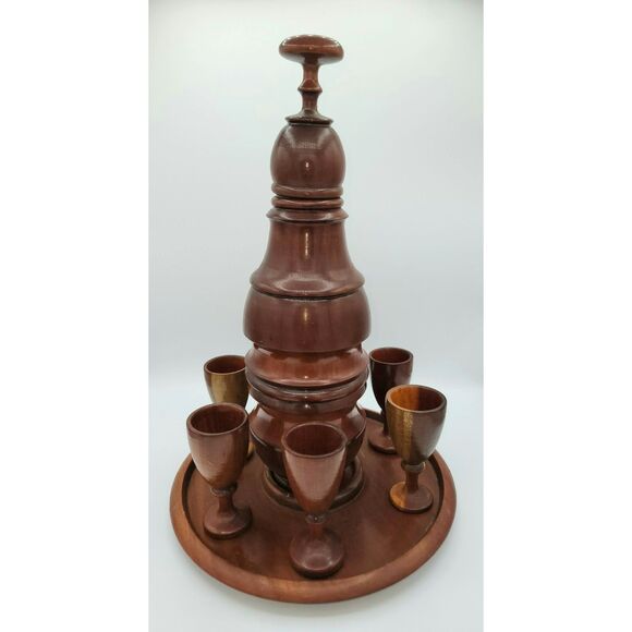 Wooden Decanter with 6 Wooden Goblets Two Compartments with Tray - Picture 1 of 5